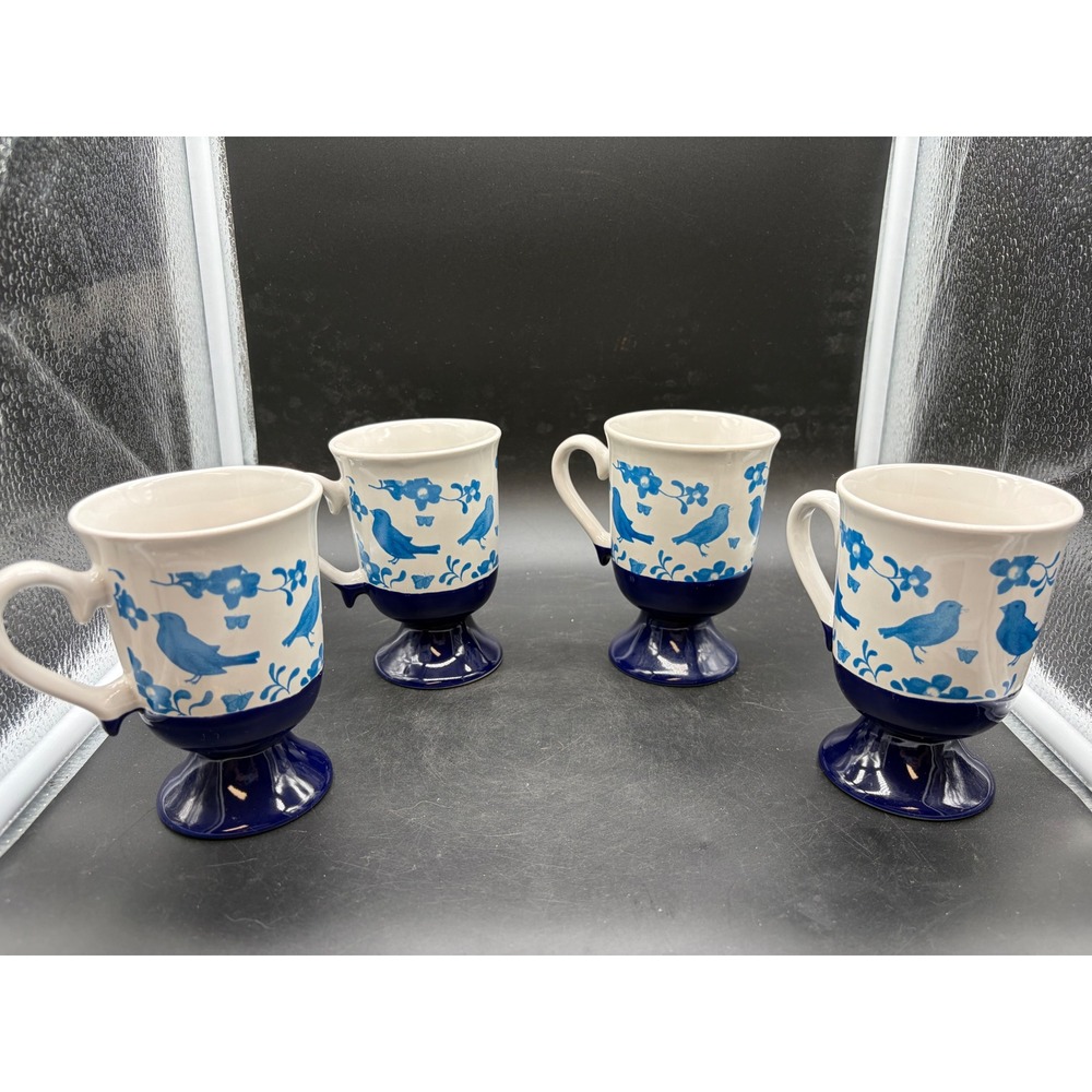 Set of 4 Blue Bird Floral Footed Ceramic Mugs Cobalt White Pedestal Coffee Cups